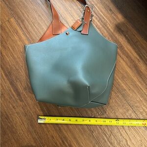 Teal and Tan Leather Bucket Tote Bag with interior zipper bag